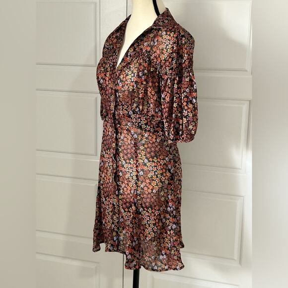 Free people Bonnie chiffon mini shirt dress Floral Button-Up Dress brown size S - Picture 3 of 10